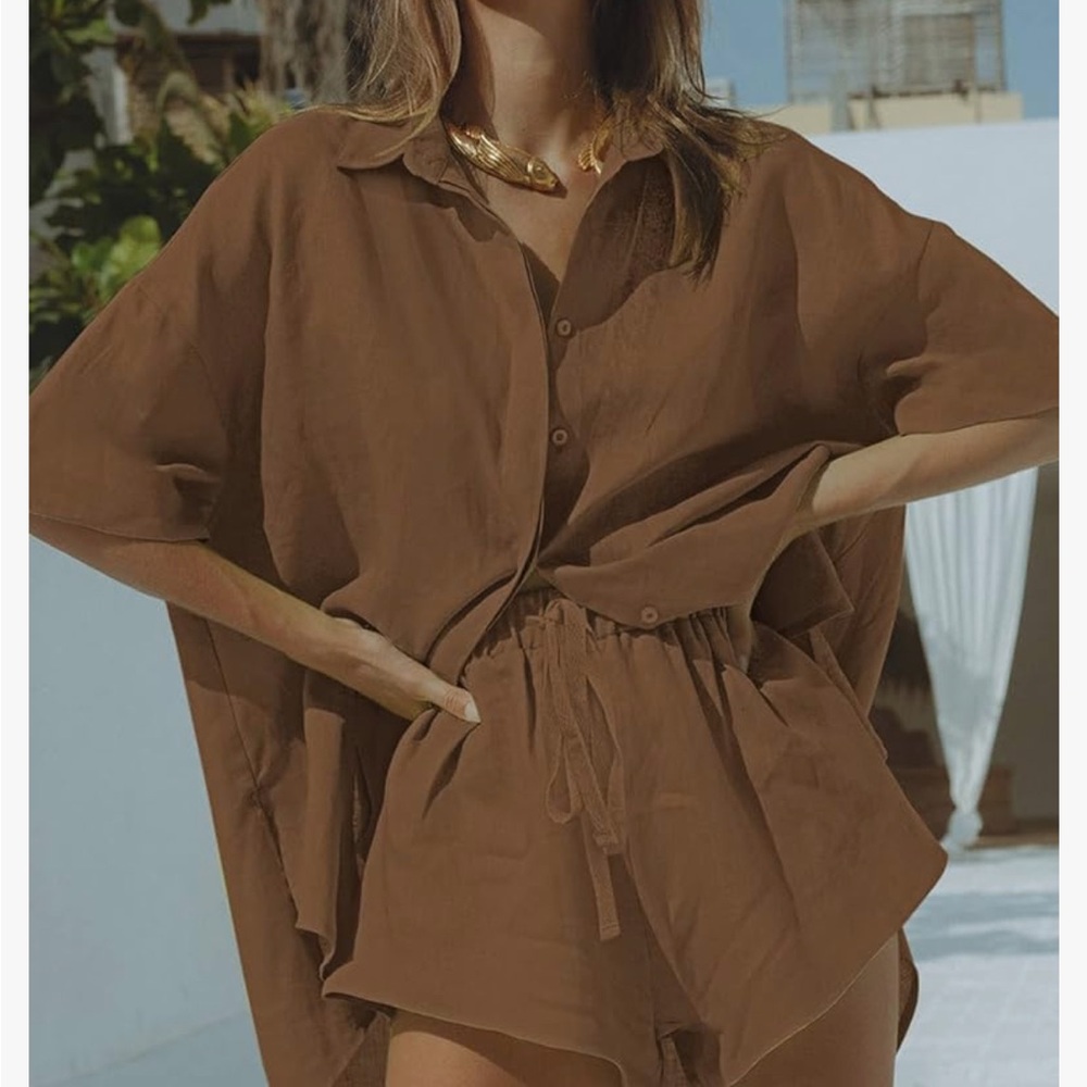 Chic Brown Button-Up Shirt and Shorts Set